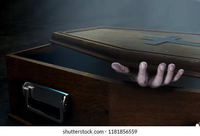 A Slightly Open Empty Wooden Coffin With A Hand Reaching Out On A Dark Ominous Background - 3D Render
