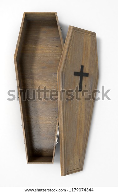 A\
slightly open empty wooden coffin with a metal crucifix and handles\
on an isolated white studio background - 3D\
Render