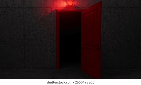 Slightly open red door reveals a pitch black room, an emergency light casting a red glow on the textured concrete wall, creating a suspenseful and mysterious atmosphere