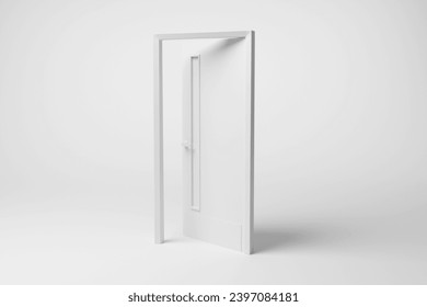 Slightly open white door having a glass panel on white background in monochrome and minimalism. 3D illustration