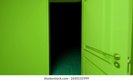 Slightly opened bright green door revealing a dark, empty room with a wooden floor, evoking a sense of mystery and suspense while inviting curiosity and exploration into the unknown