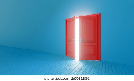 Slightly opened red double doors revealing a bright white light streaming into an empty blue room with a wooden floor, inviting feelings of hope and new beginnings