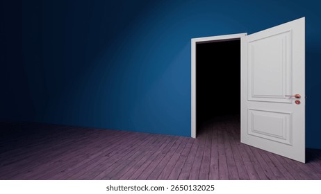 Slightly opened white door revealing a dark room within a blue space, wooden floor enhancing the mysterious and suspenseful atmosphere, inviting curiosity and exploration