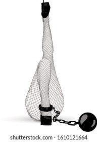 Slim Beautiful Female Legs In Fishnet Stockings And High Heels. A Metal Ball Is Chained On One Leg With A Chain