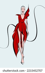 Slim Tall Gorgeous Model In A Impressive Cocktail Red Dress Is Walking At Runway Show. Fashion Glamour Sketch Of An Attractive Slender Woman With Long Straight Blonde Hair And Pale Skin.