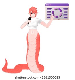 Slithering Viper-Human Character 3D Model. A Slithery Viper stands next to a board with his left hand pointing towards the board and his right hand holding a microphone. Cartoon Illustration 3D Model