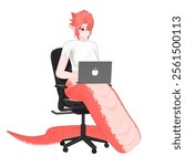 Slithery Serpent Hybrid Character 3D Model. A Slithery Viper sits with a laptop on his lap while typing on the keyboard with both hands. Cartoon Design 3D Model Character Illustration