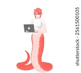 Slithery Snake Hybrid Character 3D Model. A Slithery Viper stands carrying a laptop in his right hand and typing on keyboard in his left hand. Cartoon Illustration 3D Model Character 