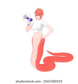 Slithery Viper Creature 3D Model. A Slithery Viper stands talking while holding a loudspeaker in his right hand. Cartoon Design 3D Model Character Illustration