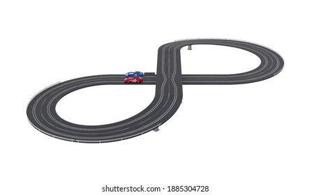 Slot Cars With Figure 8 Track 3D Illustration On White Background