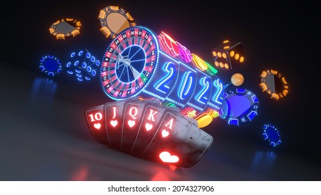 Slot Machine With Fruit Icons. The 2022 Year Casino Gambling Concept With Neon Lights - 3D Illustration