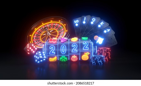 Slot Machine With Fruit Icons. The 2022 Year Casino Gambling Concept With Neon Lights - 3D Illustration