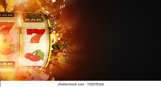 Slot Machine Win Banner Concept with Copy Space. Fruit Machine and Blowing Casino Chips Dark Banner.