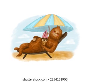 Sloth bear with ice cream under umbrella. Hand drawn illustration. - Powered by Shutterstock