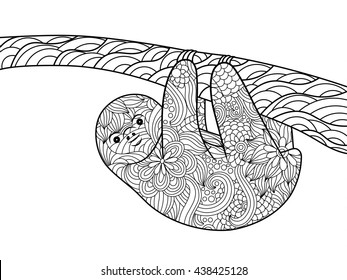 Sloth Coloring Book Adults Raster Illustration Stock Illustration ...