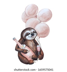 Sloth with a glass and a bottle of champagne sits with balls - Powered by Shutterstock