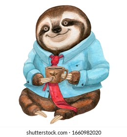 Sloth In A Red Tie Drinks Coffee