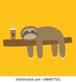 Sloth sleeping on tree branch. Cute lazy cartoon kawaii funny character. I love coffee paper cup drink. Slow down. Wild joungle animal collection. Yellow background. Flat design. 
