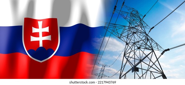 Slovakia - Country Flag And Electricity Pylons - 3D Illustration