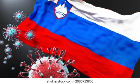 Slovenia And The Covid Pandemic - Corona Virus Attacking National Flag Of Slovenia To Symbolize The Fight, Struggle And The Virus Presence In This Country, 3d Illustration