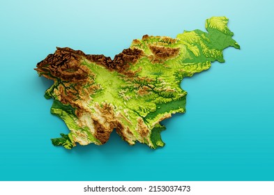 Slovenia Map Shaded relief Color Height map on the sea Blue Background 3d illustration