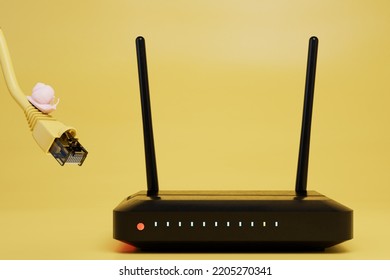 Slow Home Internet. Internet Cable On Which Sits A Snail Going To A Wi-Fi Router. 3D Render.