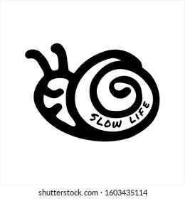 Slow Life Concept. Hand Drawn Banner. Snail Icon With Text Slow Life