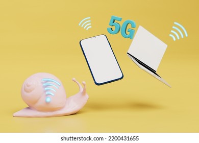 Slow As A Snail Wifi In The Past. High-speed 5G Internet For Laptops And Smartphones. 3d Render.