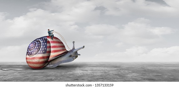 Slow United States Action And US Economy And Slowing US Economic Growth As An American Financial Challenge And Slow Political Washington Legislation By Politicians In A 3D Illustration Style.