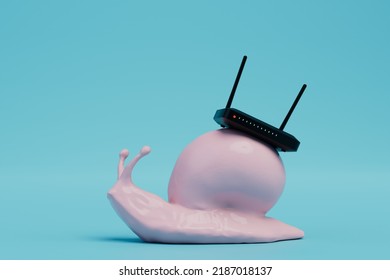 Slow Wifi Internet. Weak Modem For Signal Distribution To Mobile. A Pink Snail On Which A Black Modem Is Placed On A Blue Background. 3d Render. 3d Illustration