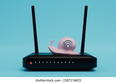 Slow Wifi Internet. Weak Modem For Signal Distribution. A Black Router On Which A Snail Sits With A Wi-Fi Icon On A Blue Background. 3d Render. 3d Illustration