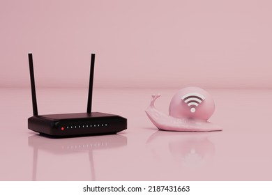 Slow Wifi Internet. Weak Modem For Signal Distribution. A Black Router To Which A Pink Snail Crawls With A Wi-Fi Icon On A Pink Background With Reflection. 3d Render. 3d Illustration