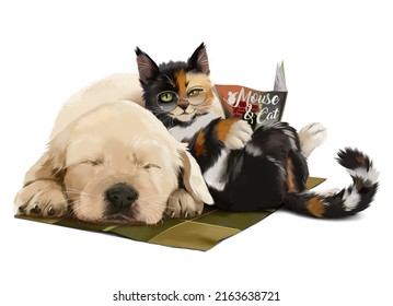 A Sly Cat Reading A Magazine And A Sleeping Dog