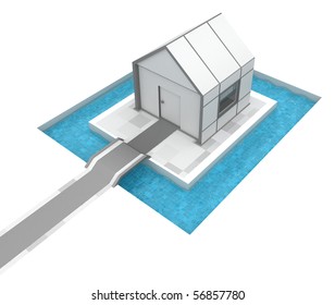 Small 3d House Surrounded By Moat Pool, Over White, Isolated