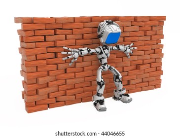 Small 3d Robotic Figure Pressed Against A Brick Wall, Over White, Isolated