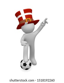 Small 3d Soccer Fan Wearing A Big Hat With The Danish Flag, 3d Rendering