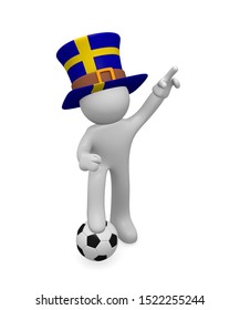 Small 3d Soccer Fan Wearing A Big Hat With The Flag Of Sweden, 3d Rendering