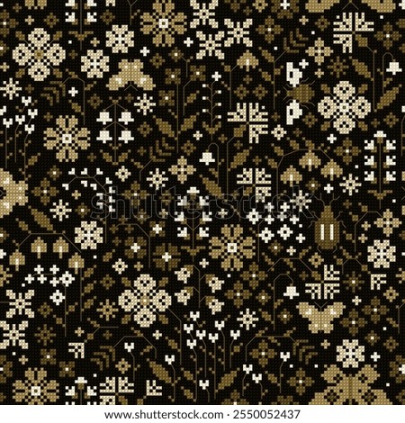 Small abstract wildflowers seamless pattern. Imitation cross stitch. Floral ornament. Decorative background. For wrapping paper, wallpaper, textiles, clothes, interior decoration, upholstery fabric.
