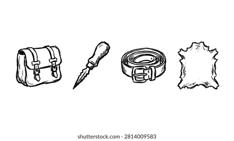 Small accessory object set in black outline, showing a pouch dropper ring or belt and hide or cloth patch arranged simply. Isolated on white, the doodle set stays clear and readable. Useful for retail accessory assorted in editorial, educational, and digital design.