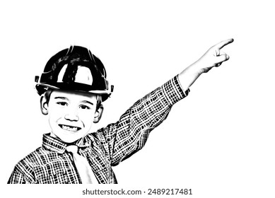 Small architect boy with helmet pointinng up to copy space and smiling with his missing teeth isolated on white background - Powered by Shutterstock