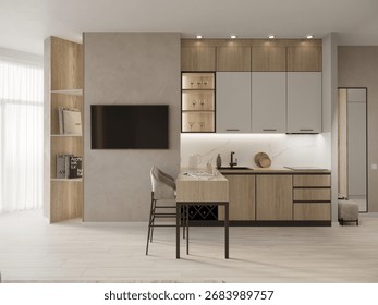 Small area kitchen. 3D illustration.