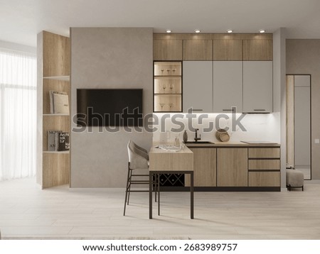 Small area kitchen. 3D illustration.