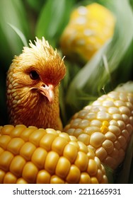 A Small Baby Yellow Chick, Chicken, Hidden In Corn, Corn Cobs. Painting, Concept Art, Illustration.