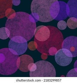 Small And Big Overlapping Pink, Purple, Violet, Red Transparent Grungy Textured Dots On Black Background. Confetti Print. Dark Bokeh Wallpaper. Overlaying Circles. Crossing Round Geometric Shapes.