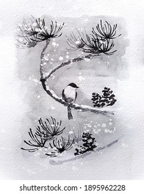 Small Bird On A Pine Branch In A Snowy Forest. Traditional Japanese Ink Painting. Illustration.