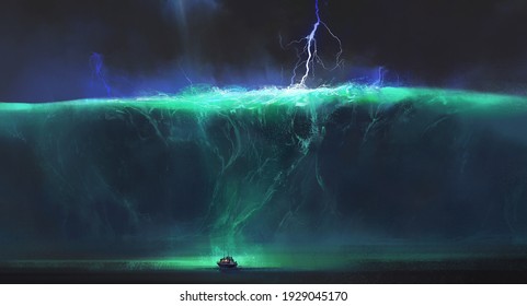 Small boat facing huge ocean waves, fantasy illustration.