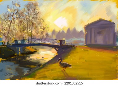 Small bridge over river in historical park in autumn at sunset. Landscape with ducks. Oil painting Impressionism style art - Powered by Shutterstock