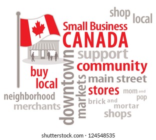 Small Business Canada Word Cloud, Canadian Flag, Main Street Customers. To Encourage Shopping At Local Community Neighborhood Stores, Merchants And Markets. 