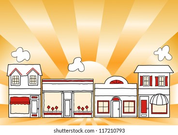 Small Business Main Street. Row Of Small Business Shops And Neighborhood Stores On Main Street, Copy Space, Gold Background, Drawing Illustration. 