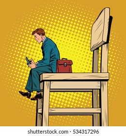 Small Business Man On The Big Chair, And Smartphone, Pop Art Retro  Illustration